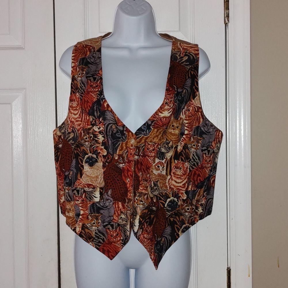 Vintage Saddle River Sportswear kitten cat button down vest  Sz L